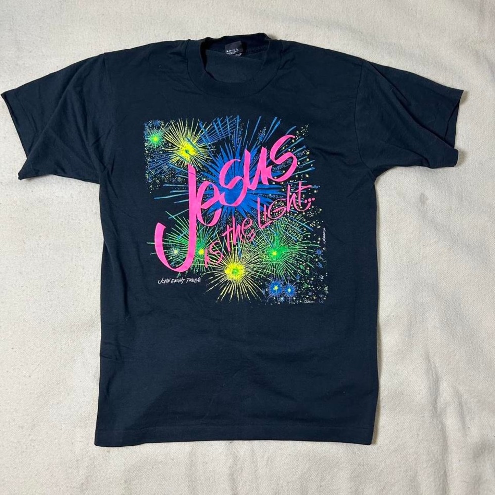 Jesus Is The Light 80s black cotton tee #religious Single stitch